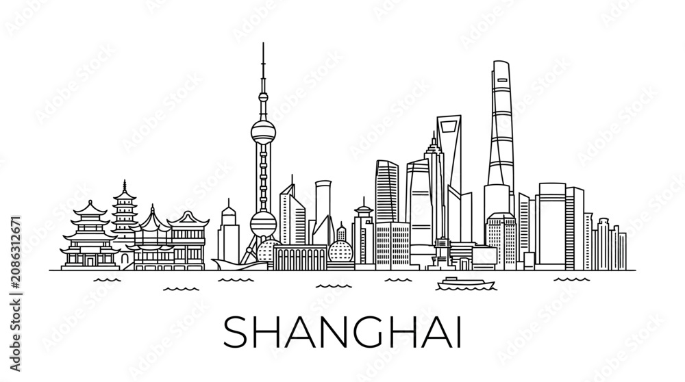 Obraz premium Shanghai Skyline Outline Drawing Silhouette - Modern Cityscape Art