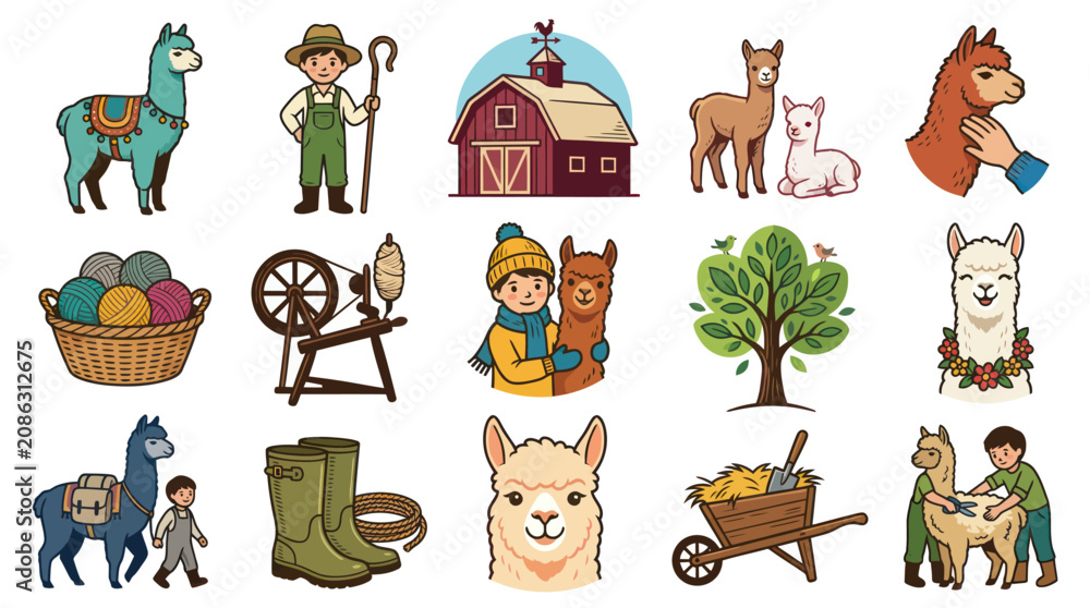 Fototapeta premium Agriculture Alpaca Farm Life Cartoon Vector Set: Farmer, Animals, Wool Craft, Barn Rural Elements