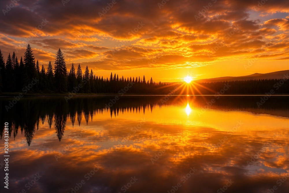 Obraz premium Golden sun dips behind distant pine trees. Silent lake mirrors sky's fiery glow. Orange clouds ripple with sunset's warmth. Reflections dance on still, glassy water. Peaceful scene invites calm