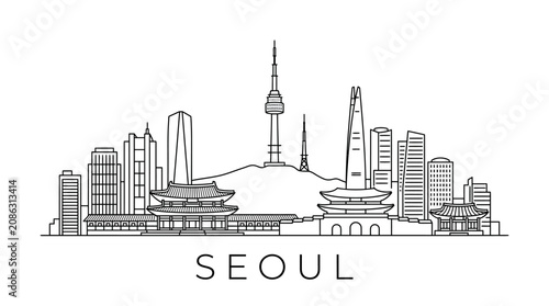 Seoul skyline silhouette, iconic landmarks, modern and traditional architecture, vector illustration.