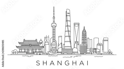 Shanghai skyline illustration, modern and traditional architecture, clean line art