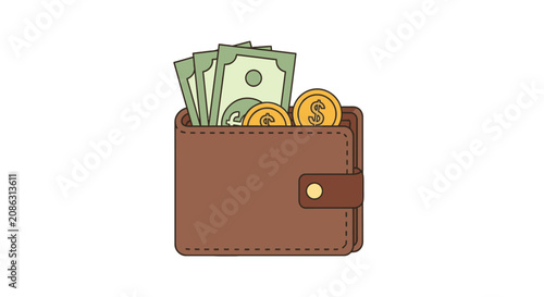 Konstfotografi Brown leather wallet with paper currency and gold coins