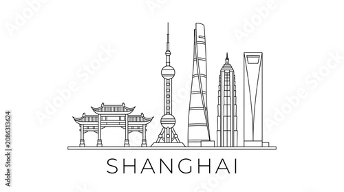 Shanghai Skyline Outline - Modern Futuristic Architecture and Traditional Gate