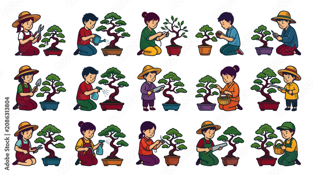 Obraz premium Children Caring for Bonsai Trees, Vector Illustration, Flat Art Style