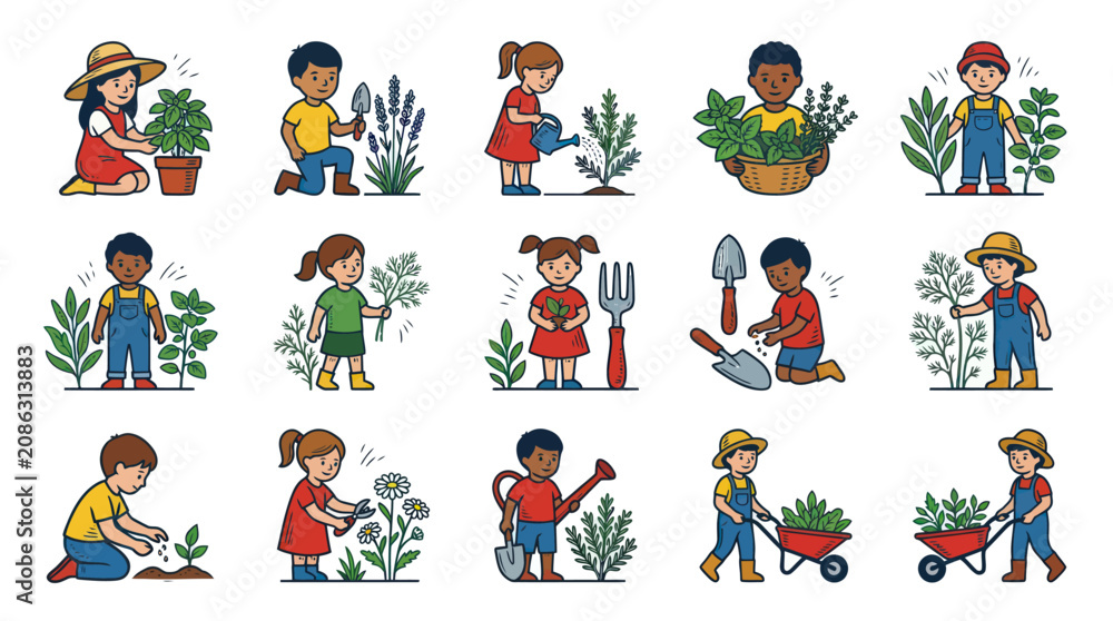 Fototapeta premium Children Gardening Activities Set: Diverse Kids Planting, Watering, and Caring for Plants - Colorful Vector Illustration