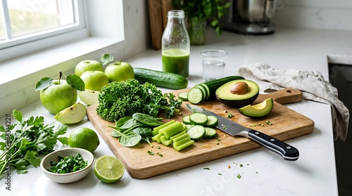 Fresh Green Detox Ingredients on White Countertop Healthy Smoothie Preparation