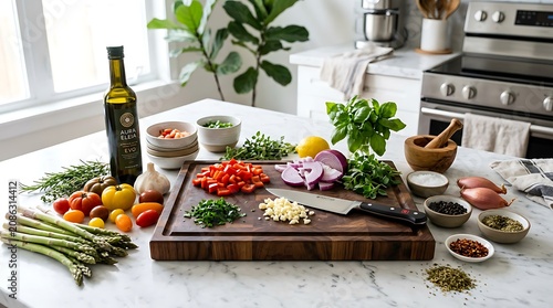 Luxury Healthy Cooking Scene with Fresh Vegetables and Olive Oil on White Marble Kitchen Counter
