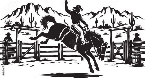 Western cowboy riding bucking horse, black and white vector illustration, rodeo scene, cowboy hat