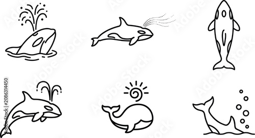 Konstfotografi Minimalist Spouting Whale Line Art Icon Collection Featuring Cute Orca Character