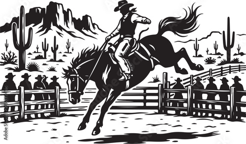 Western cowboy riding horse, black and white vector, rodeo illustration, cowboy hat