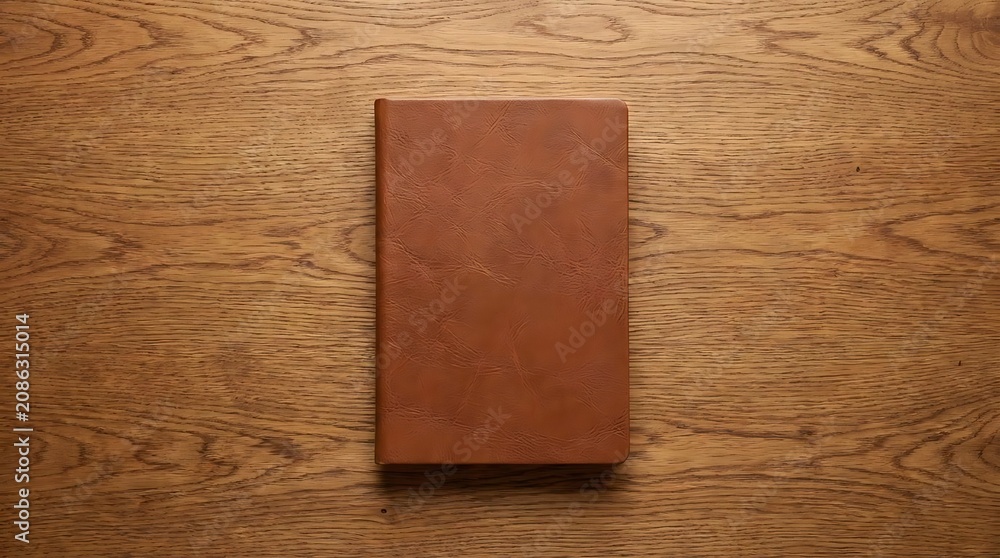 Fototapeta premium Plain brown book resting on a textured wooden surface overhead view