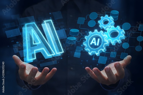 AI-powered ETL pipelines and intelligent data integration. Data processing and workflow orchestration. Engineer holding artificial intelligence and gear icons in dataflow diagram.