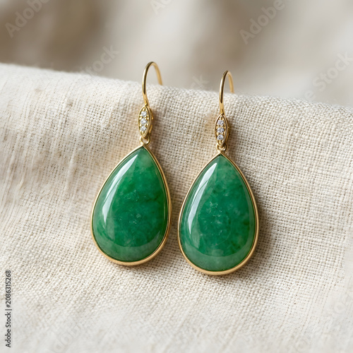 Elegant gold hoop earrings with green gemstone drops.