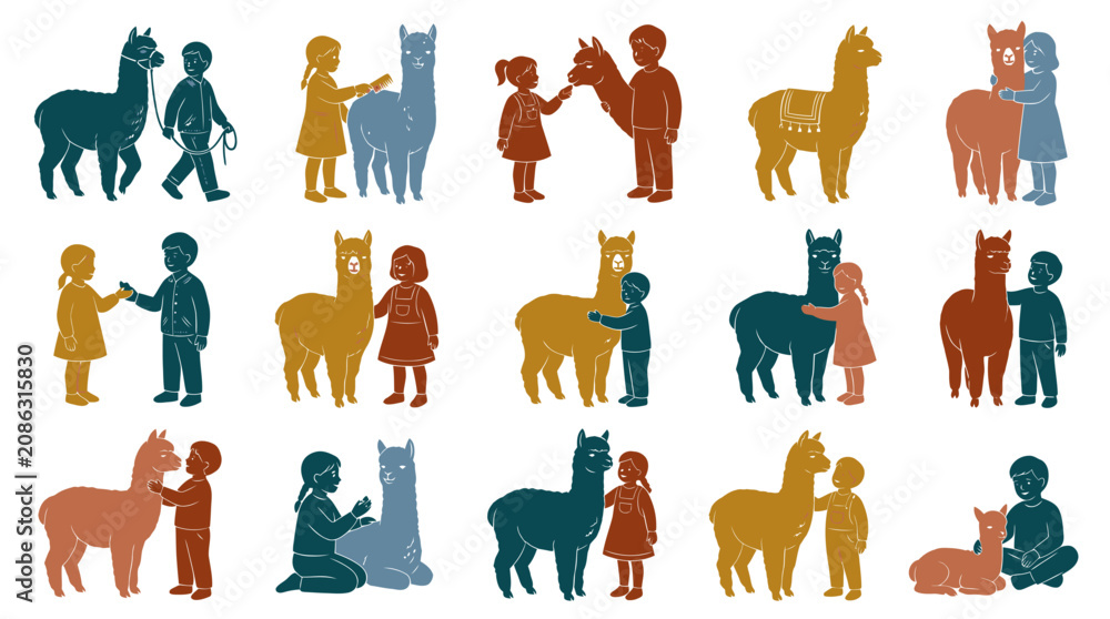 Fototapeta premium Cute flat vector illustration of children interacting with alpacas, farm animals, cute characters