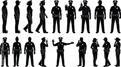 Photos Police officer silhouettes set of male and female cops in uniform talking on rad