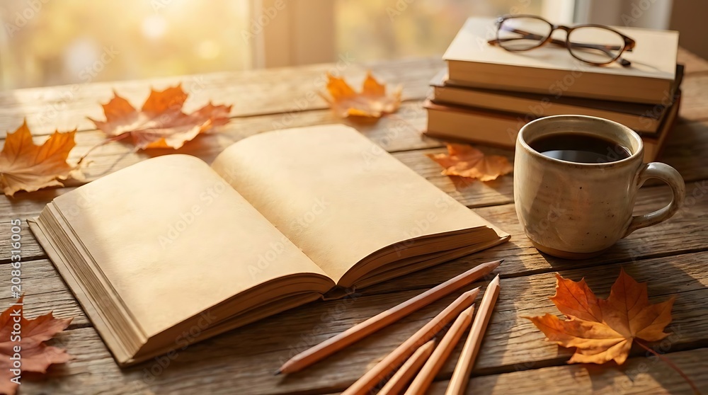 Fototapeta premium Open book pencils cup of coffee and autumn leaves on wooden table