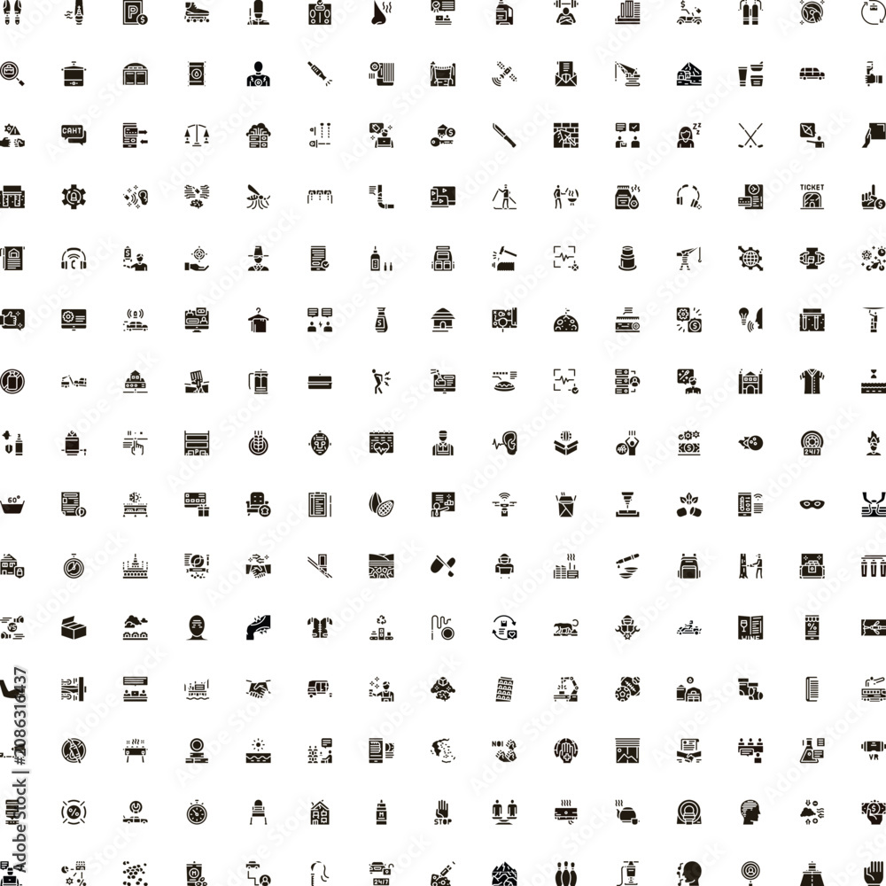 Obraz premium Large set of black glyph icons representing various concepts including business, technology, communication, services, tools, and everyday objects for modern interface and graphic design projects