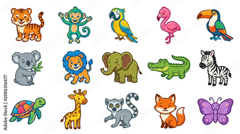 Fototapeta premium Cute cartoon animals collection for kids, illustration