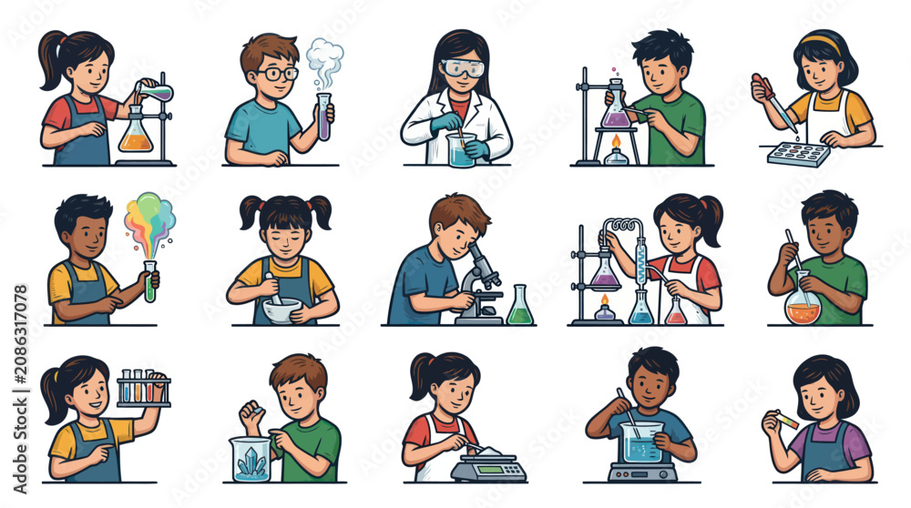 Fototapeta premium Children Doing Science Experiments, Cartoon Style, Stock Vector Art