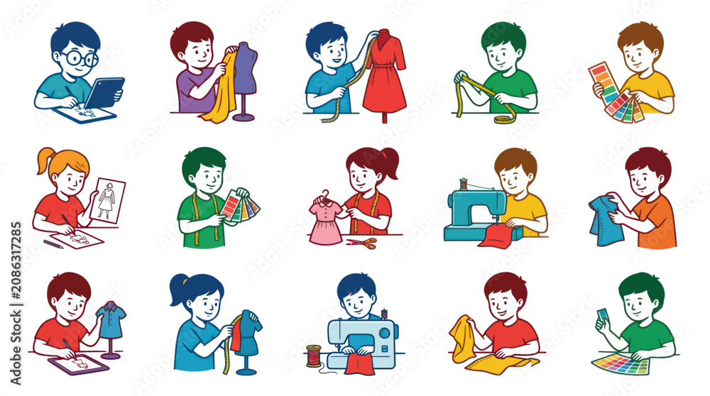 Fototapeta premium Young Fashion Designers and Seamstresses Flat Illustration Set. Kids Learning Sewing and Garment Creation Process.