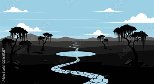 Bild auf Leinwand Stark arid desert landscape vector illustration with barren sand dunes, rolling hills, and a sharp horizon under a clear sky featuring dramatic lighting and deep contrasting shadows