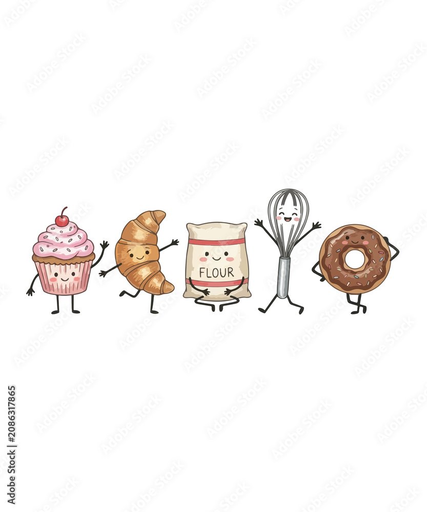 Naklejka premium Kawaii bakery characters collection, cute hand drawn pastry illustrations, smiling cupcake flour whisk and donut set on white background