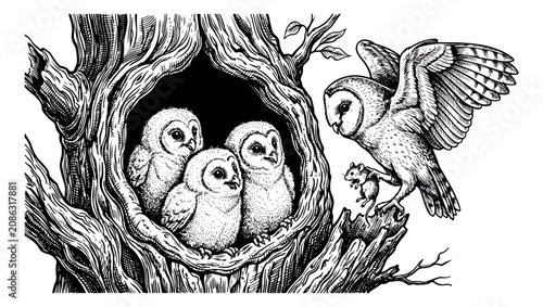 Konstfotografi Vintage barn owl family in tree hollow, detailed woodcut illustration of owl fee