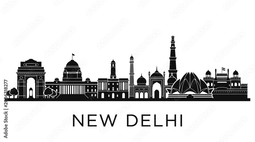 Naklejka premium New Delhi Skyline Silhouette - Famous Landmarks & Architecture
