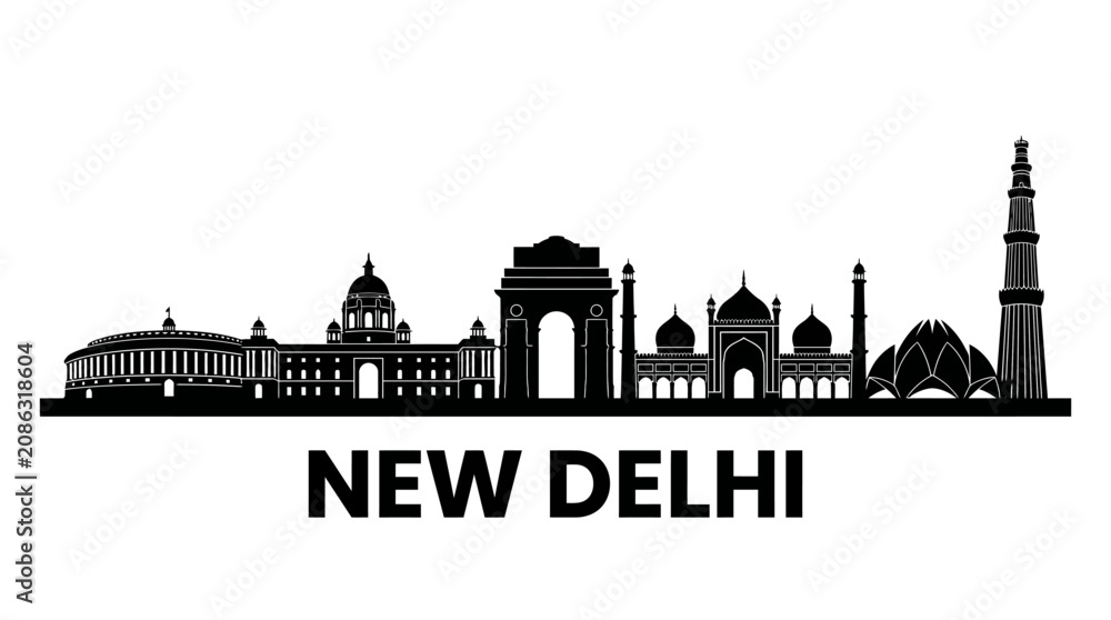 Naklejka premium New Delhi Skyline Silhouette: Iconic Indian Landmarks in Black and White