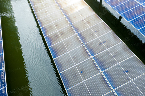 Aerial shot of aquatic solar power station, fishery-solar hybrid PV base