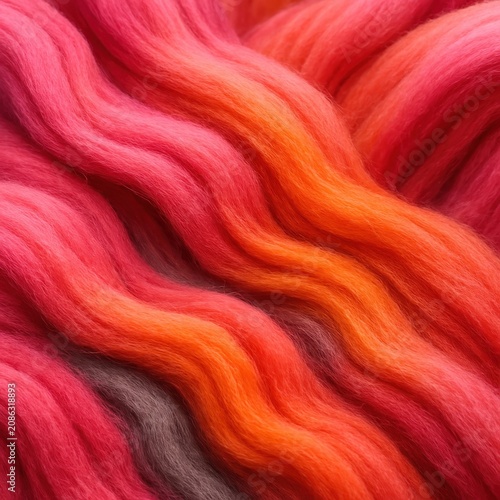A vibrant, wavy texture of colorful wool roving in shades of pink, coral, and orange, with hints of brown.