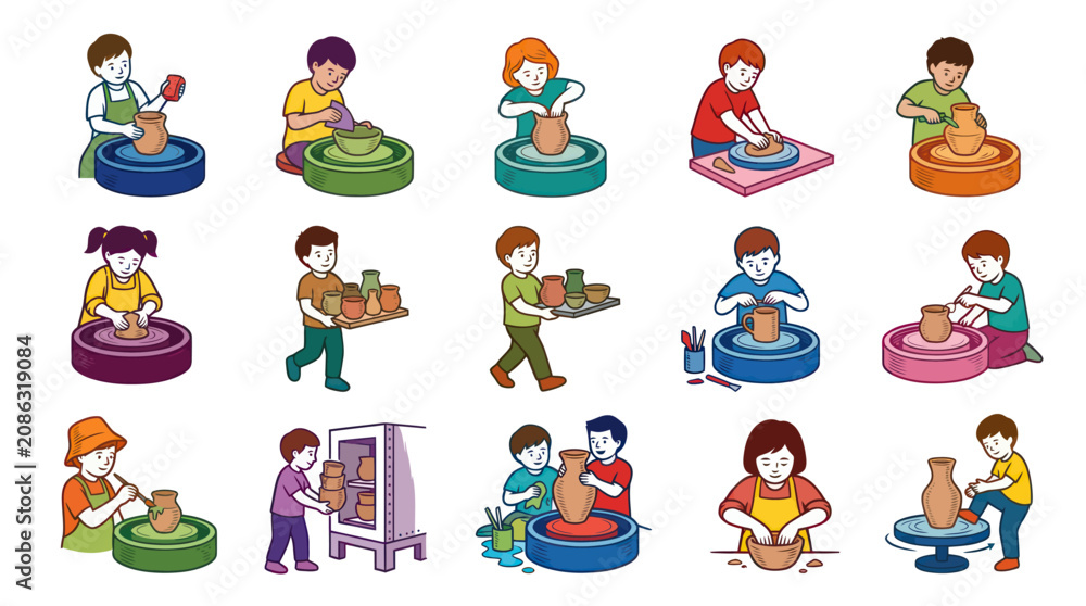 Fototapeta premium Children Learning Pottery Making on Wheel, Flat Vector Art