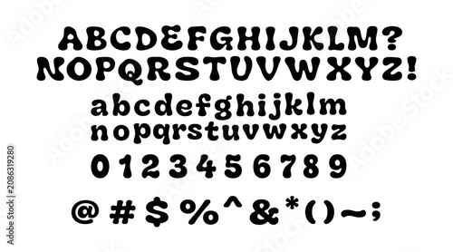 Hand-drawn bold groovy alphabet set with uppercase, lowercase letters, numbers and symbols in retro bubble lettering style, vector illustration for summer drinks menu and packaging design.