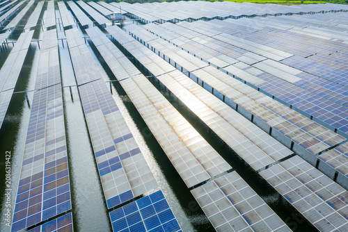 Aerial shot of aquatic solar power station, fishery-solar hybrid PV base