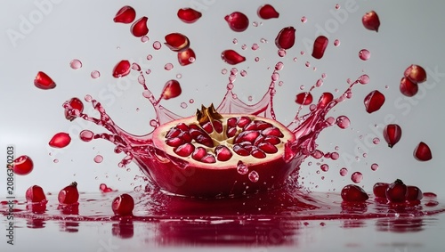 Fresh Pomegranate Fruit Sliced in Half Splashing with Vibrant Red Juice