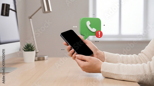 Hands holding smartphone with 3D green speech bubble, phone icon and red exclamation mark