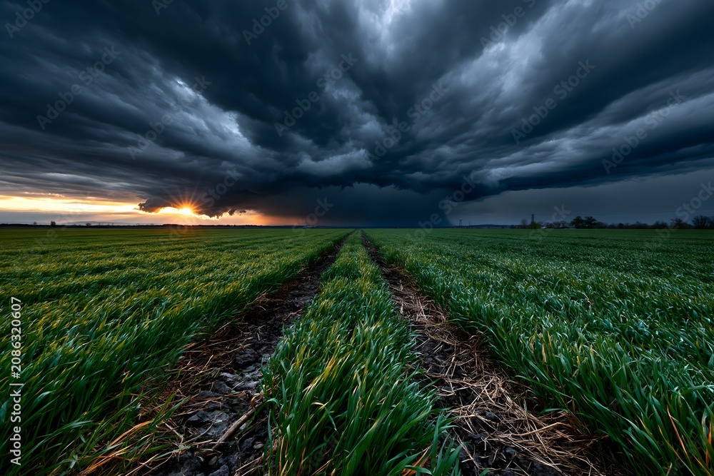 Fototapeta premium Gewaltige Gewitterfront über landwirtschaftlichem Feld mit dramatischem Himmel