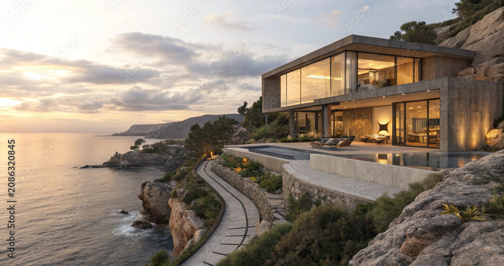 Fototapeta premium Modern coastal mansion architecture with a paved stone path and scenic panoramic glass facade