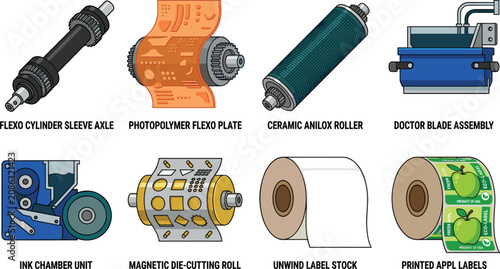 Photos Flexographic Printing Press Parts and Label Production Equipment Vector Icon Set