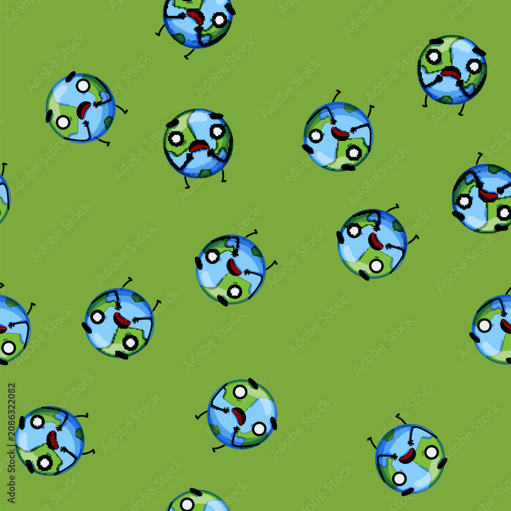 Fototapeta premium seamless pattern save earth planet character cartoon. sad comic, sticker environment, love eco save earth planet character sign vector