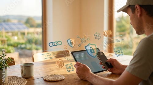 Man using tablet with digital security icons floating, cybersecurity concept, online banking protection, blockchain technology, data privacy, remote work from home