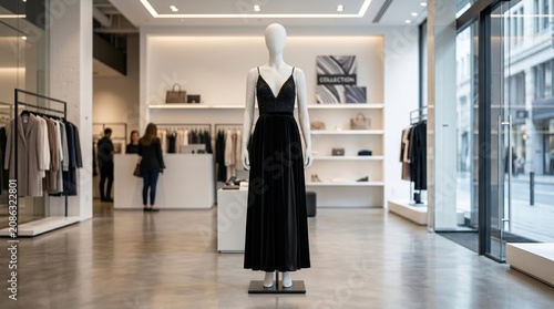 Elegant black evening dress on a mannequin in a modern luxury fashion boutique