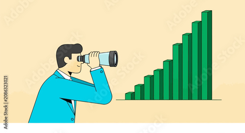Businessman looking through binoculars at growing bar chart