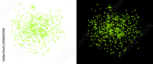 Green glitter dust splash on white and black backgrounds, sparkling lime powder explosion, glowing emerald particles for cosmetic and festive design