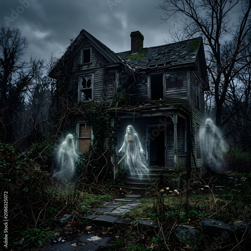Haunted Victorian house with ghostly apparition in fog.