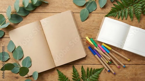 Open notebook and writing tools on a natural wood surface with plant leaves