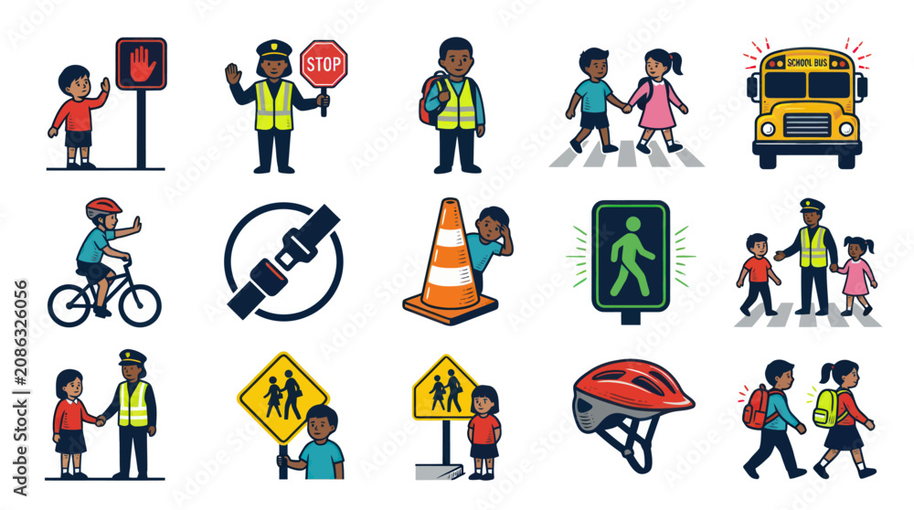 Fototapeta premium Children Road Safety Cartoon Vector Icons: Kids, Crossing Guard, School Bus, and Traffic Signs Set