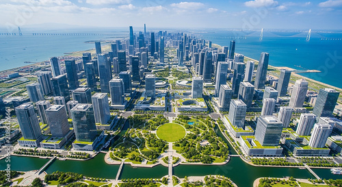 Modern glass skyscraper city skyline with green park and water canal