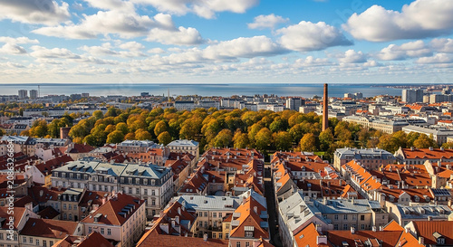 Historic European city center with red roofs and old industrial chimney