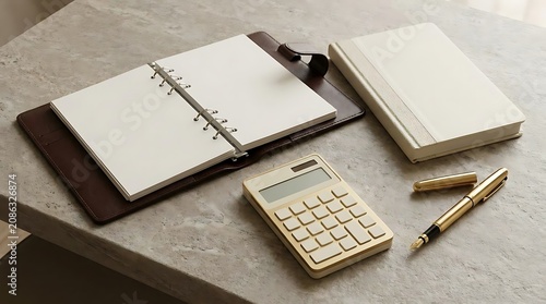 Open notebook calculator pen and book on table surface